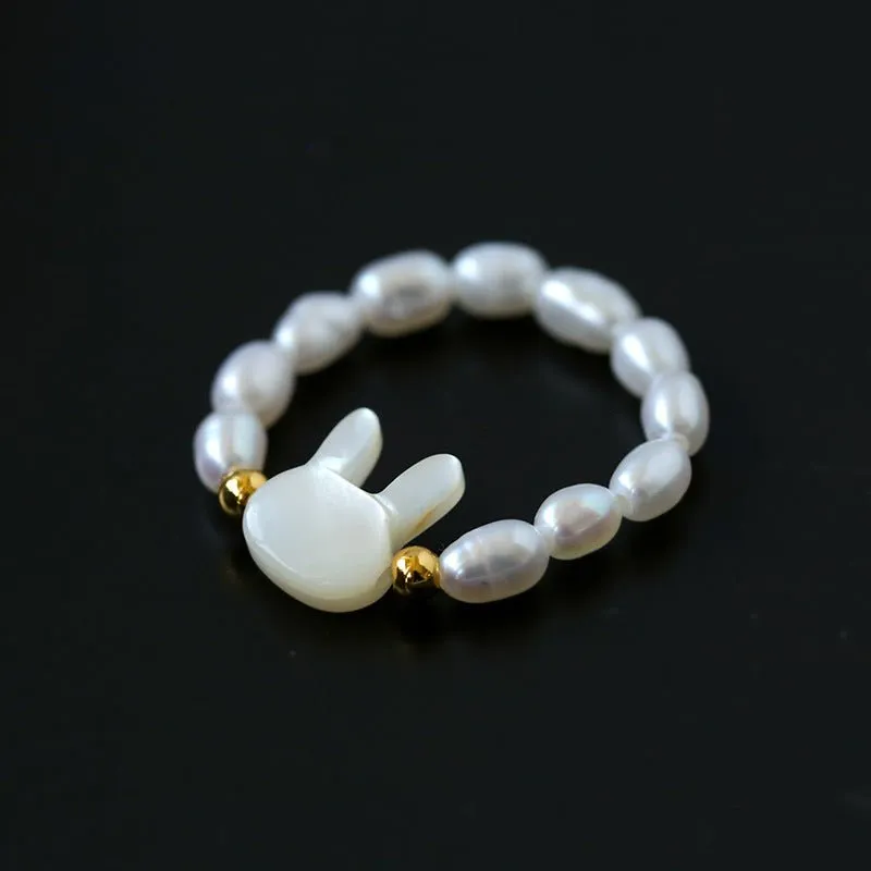 Cute Rabbit Cat Pearl Black Spinel Stretch Ring