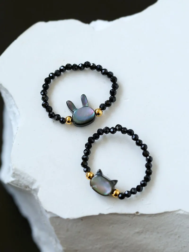 Cute Rabbit Cat Pearl Black Spinel Stretch Ring