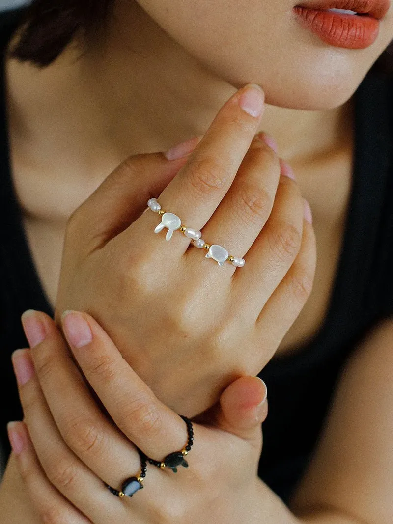 Cute Rabbit Cat Pearl Black Spinel Stretch Ring