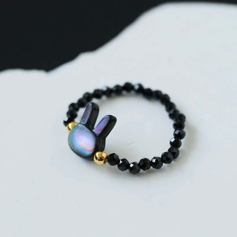 Cute Rabbit Cat Pearl Black Spinel Stretch Ring