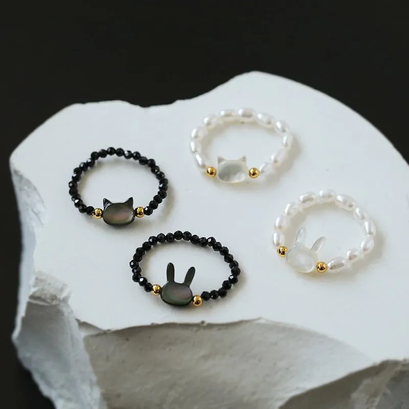 Cute Rabbit Cat Pearl Black Spinel Stretch Ring