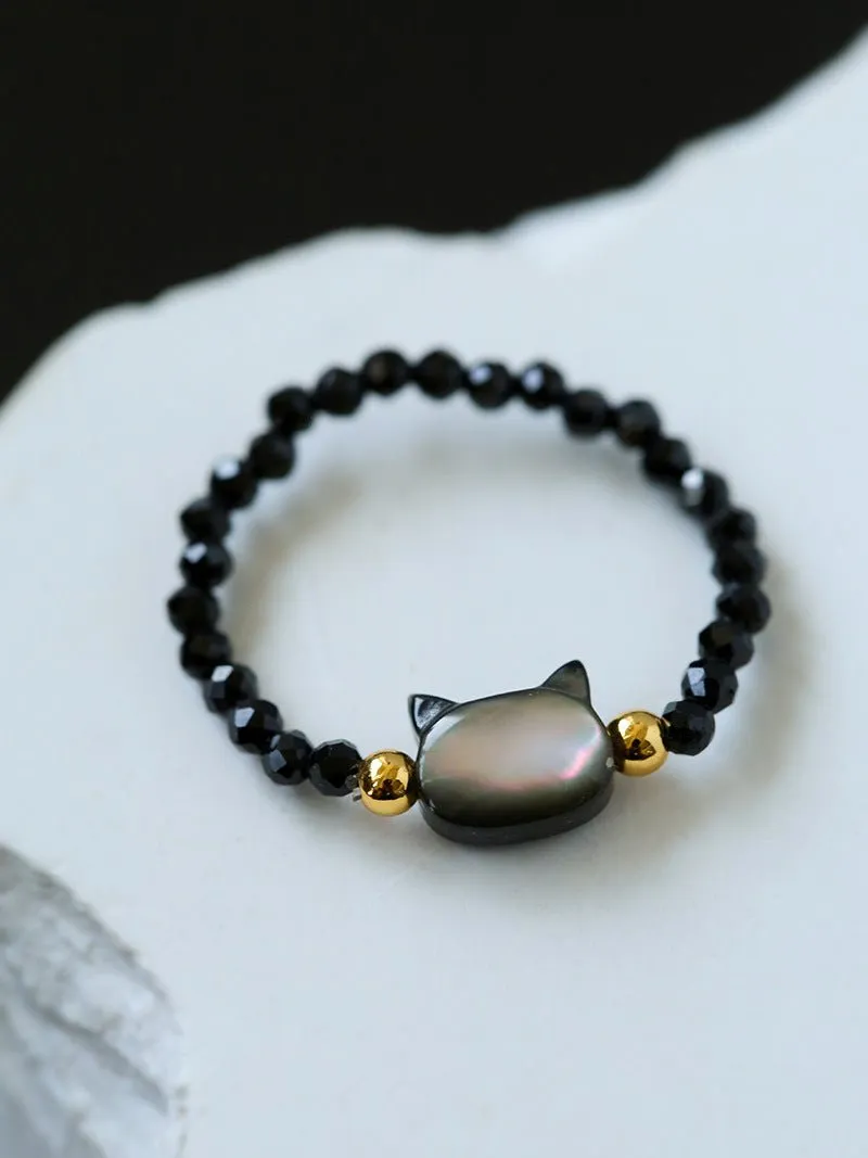 Cute Rabbit Cat Pearl Black Spinel Stretch Ring