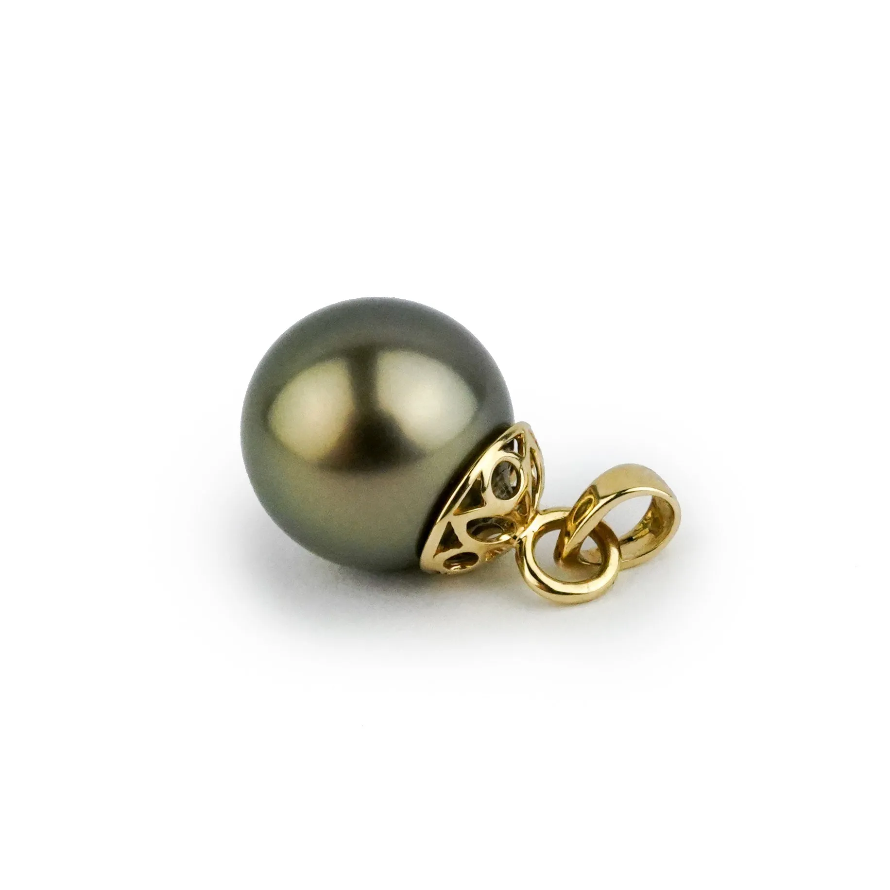 Dark Golden Green 10mm Tahitian Pearl Filigree Pendant