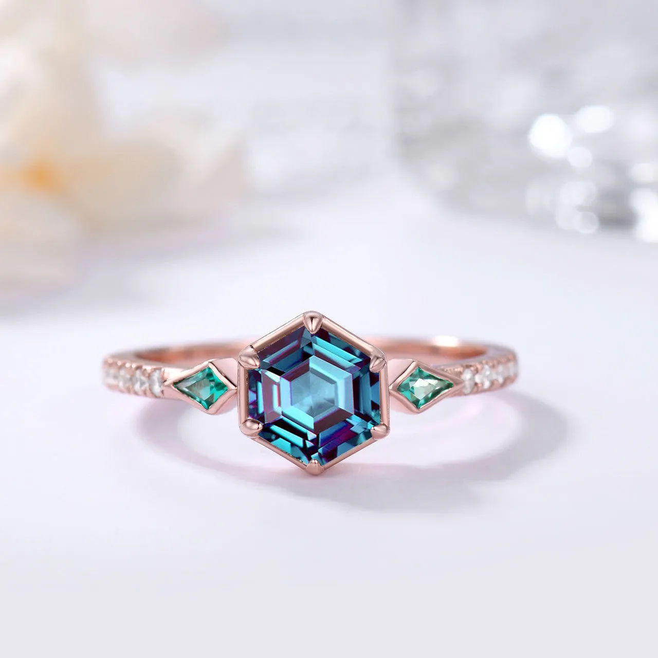 Delicate Hexagon Lab-created Alexandrite Ring With Kite Cut Emerald Rose Gold Diamond Stacking Band