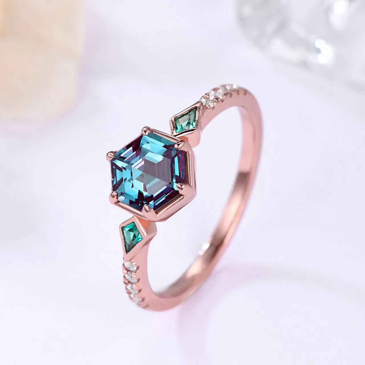 Delicate Hexagon Lab-created Alexandrite Ring With Kite Cut Emerald Rose Gold Diamond Stacking Band