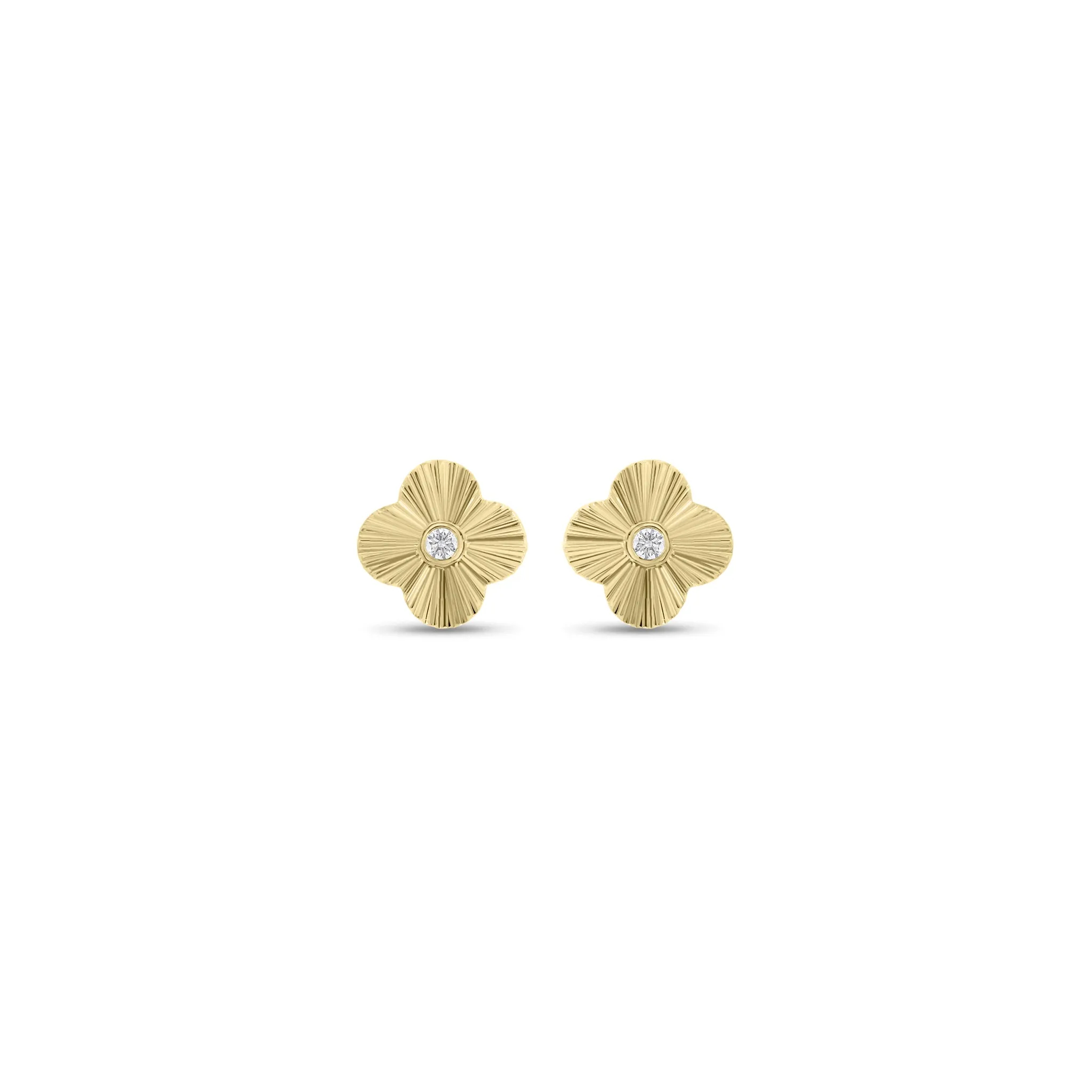 Diamond & Gold Ridged Clover Stud Earrings