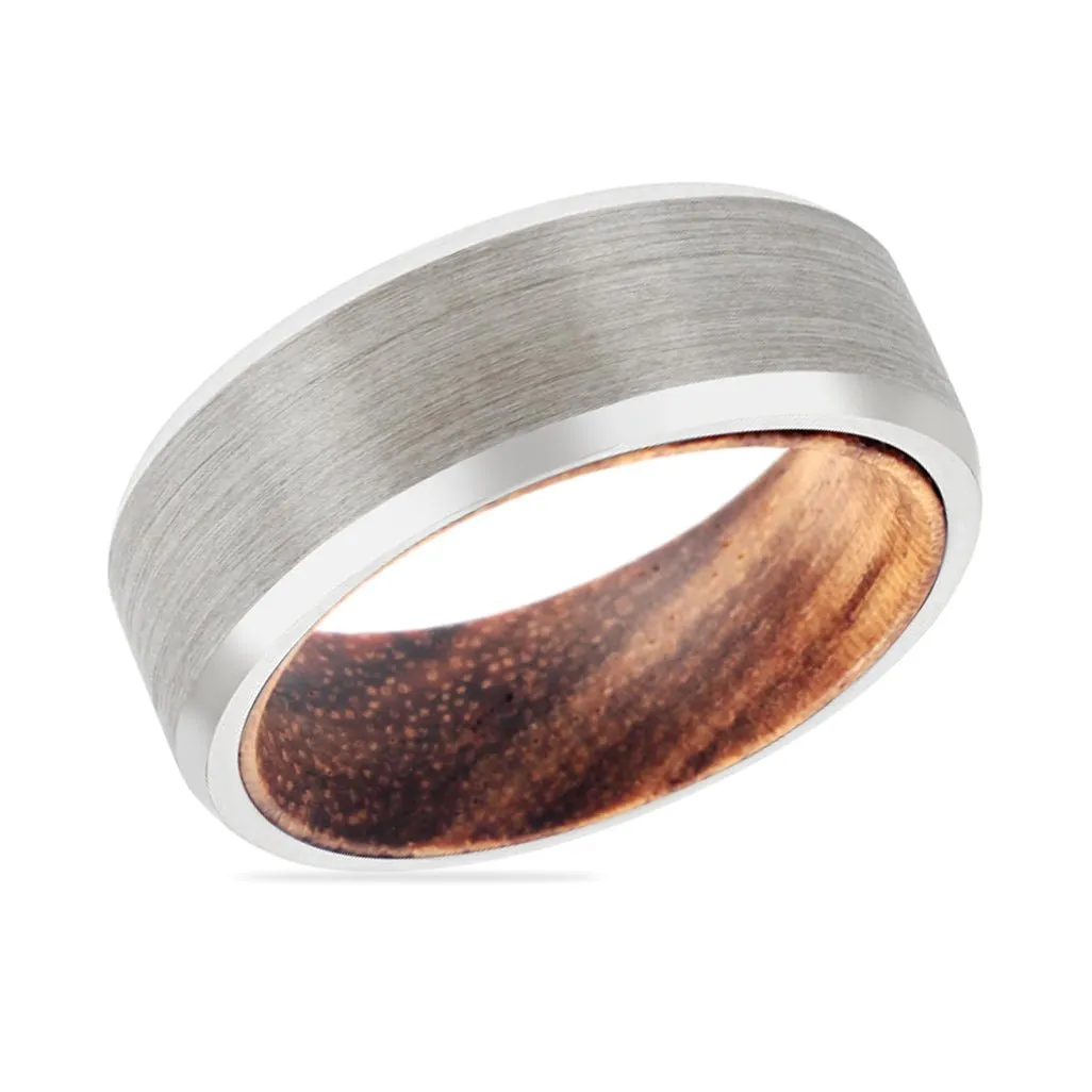 DIVINE | Zebra Wood, Silver Tungsten Ring, Brushed, Beveled