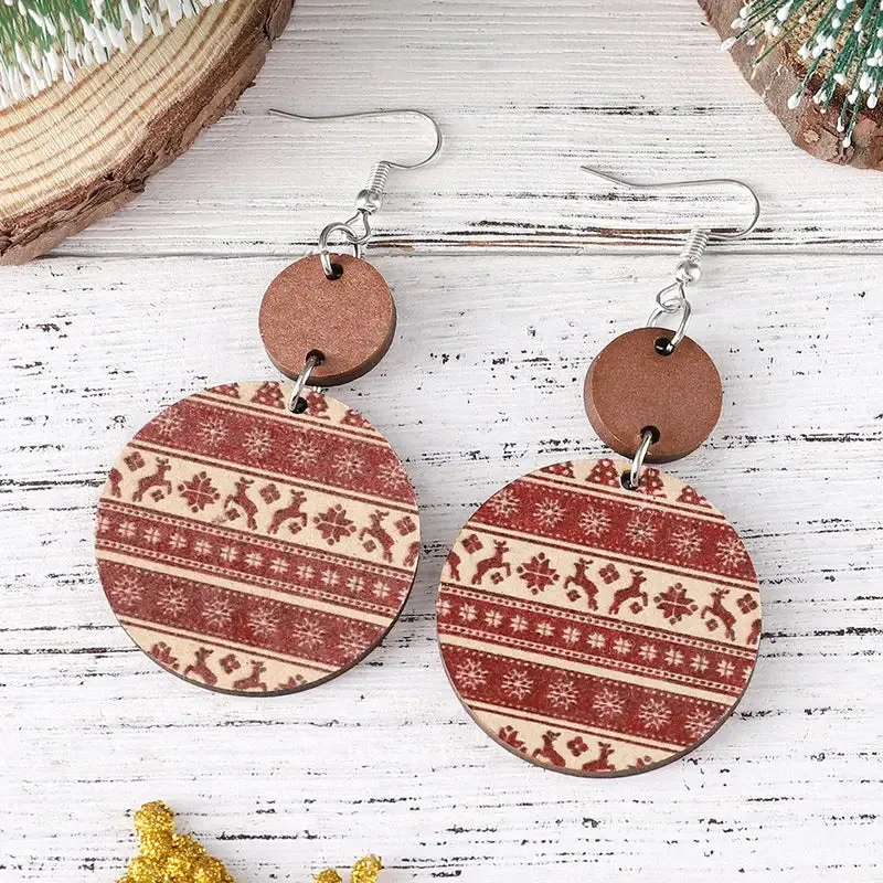 Double Circle With Wood & Reindeer Drop Earrings (Maroon)