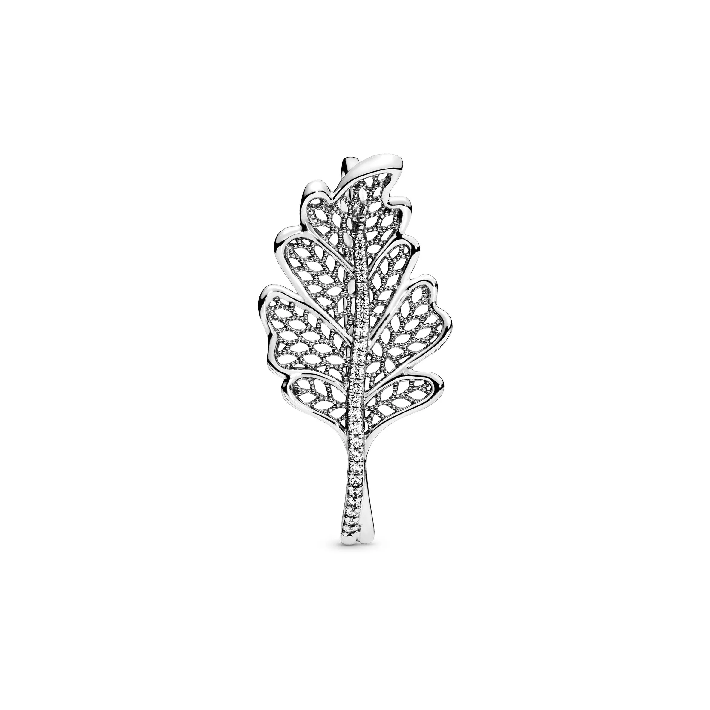 Double finger oak leaf sterling silver ring with clear cubic zirconia