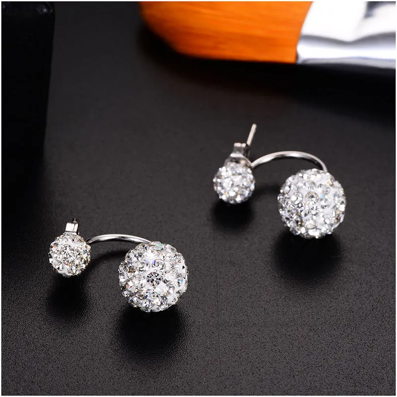 Double Round Beads Ball Shape Stud Earring with Zircon Crystals