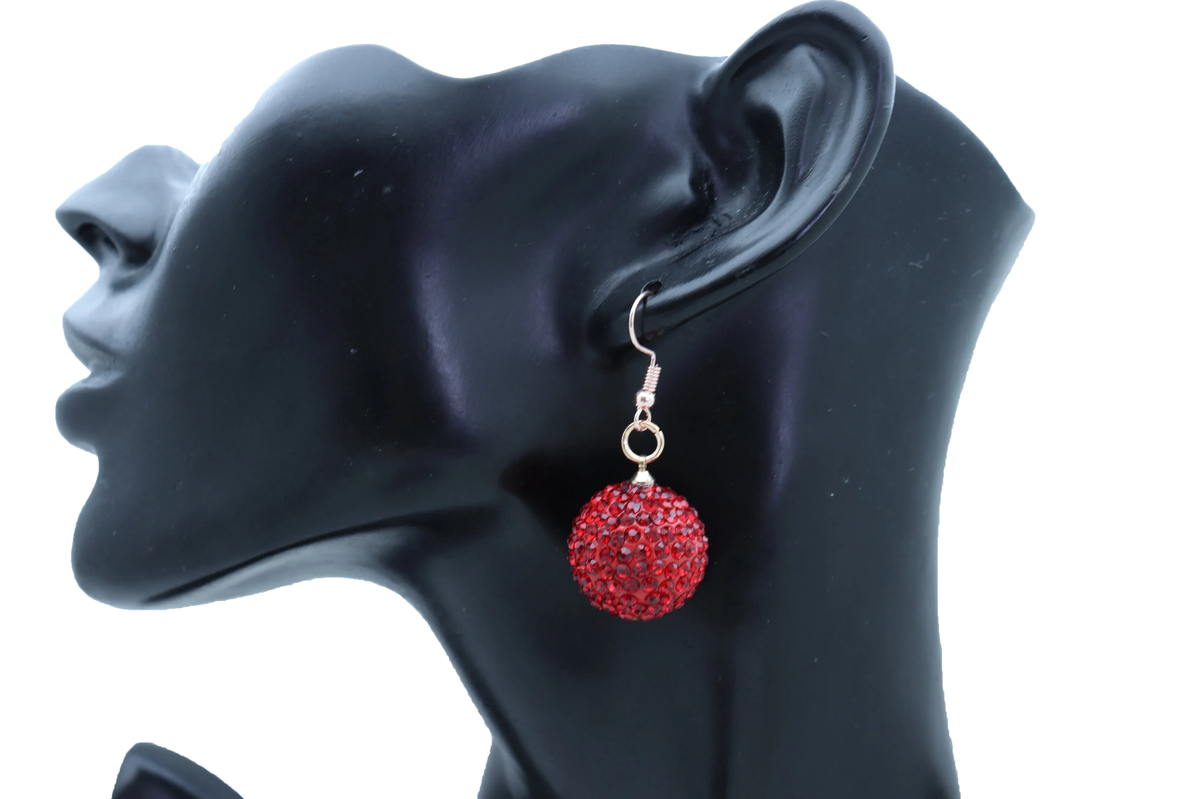 Earrings Set Hook 80's Disco Mini Hot Red Color Bling Ball