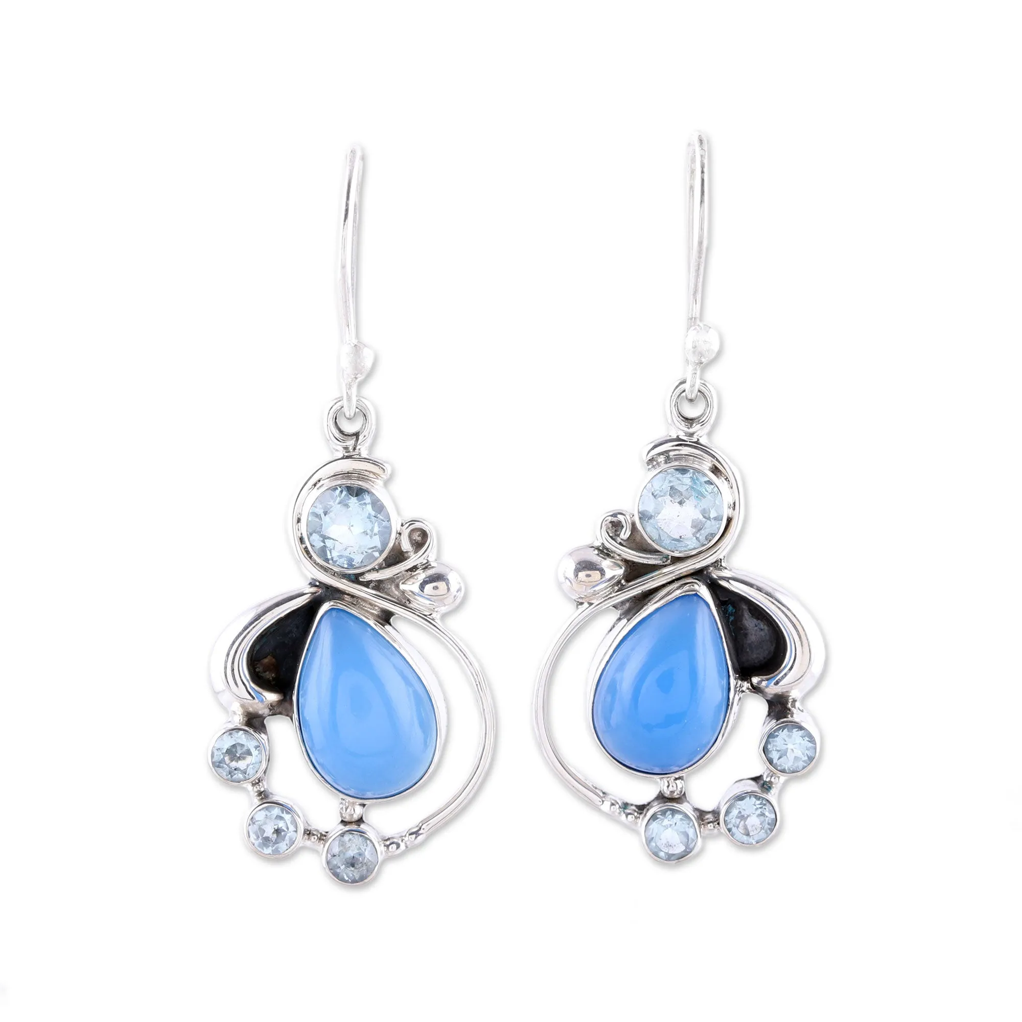 Elegant Dew Blue Topaz and Chalcedony Dangle Earrings from India