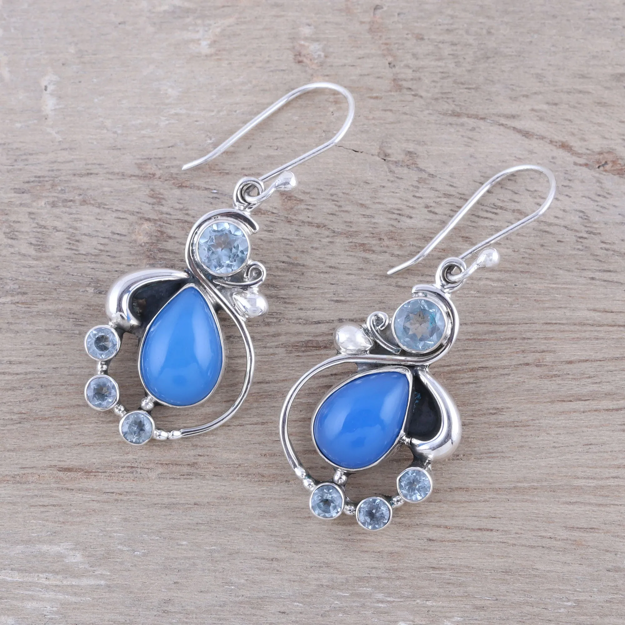 Elegant Dew Blue Topaz and Chalcedony Dangle Earrings from India