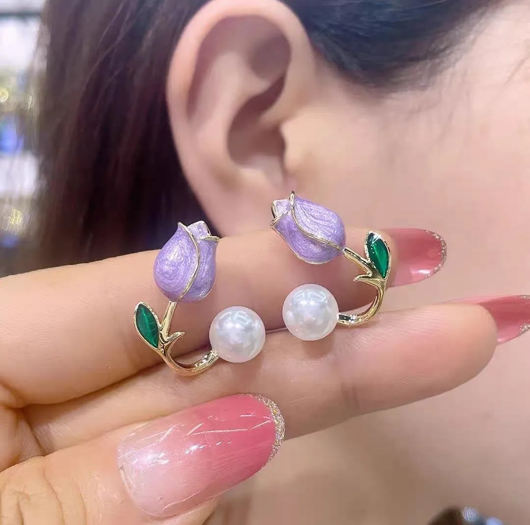 Elegant Purple Flower Stud Earrings with Pearl Drop jlt11748