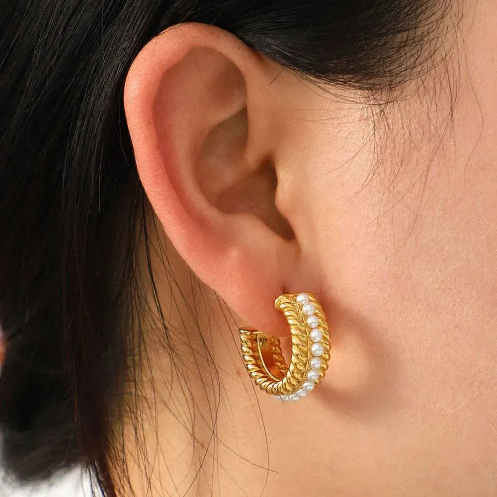 Elegant Stainless Steel and Pearl C-Hoop Earrings