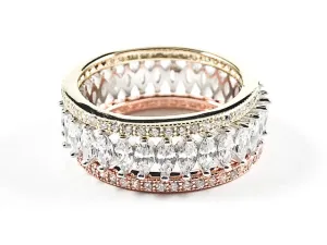 Elegant Tri Color Set Large Marquise Cut CZ Eternity 3 Piece Set Band Silver Rings