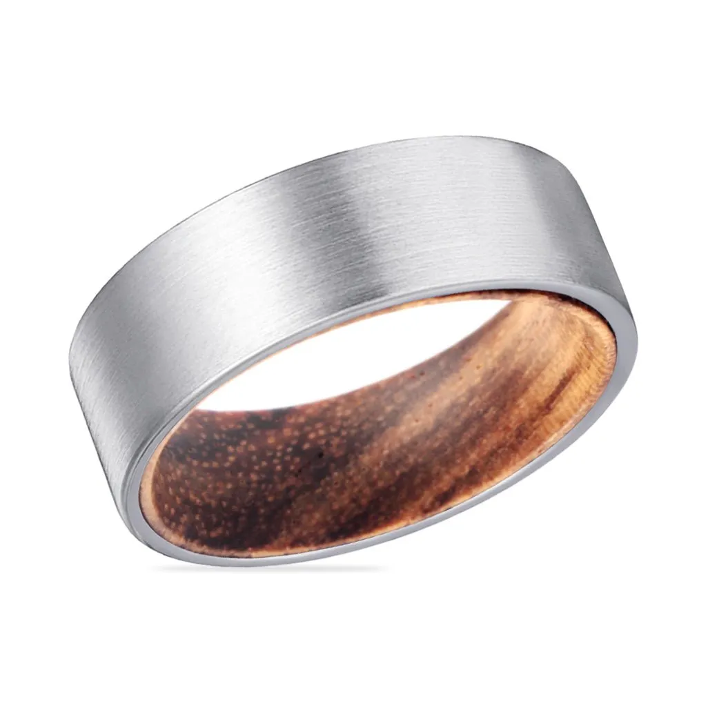 ESCOTT | Zebra Wood, Silver Tungsten Ring, Brushed, Flat