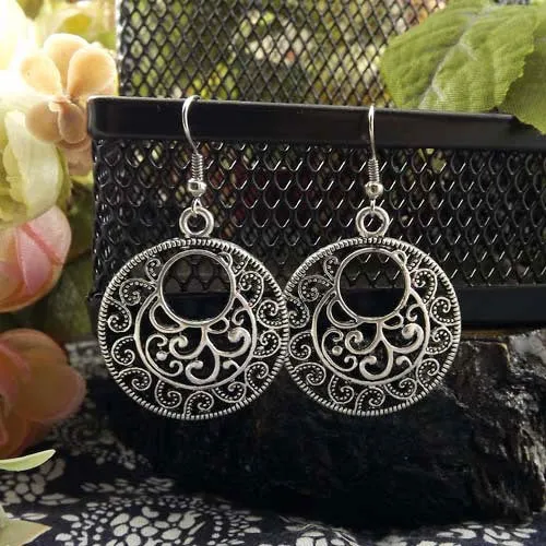 Exotic Round Drop Vintage Dangle earrings Antique Silver fashion Jewelry Bijouterie