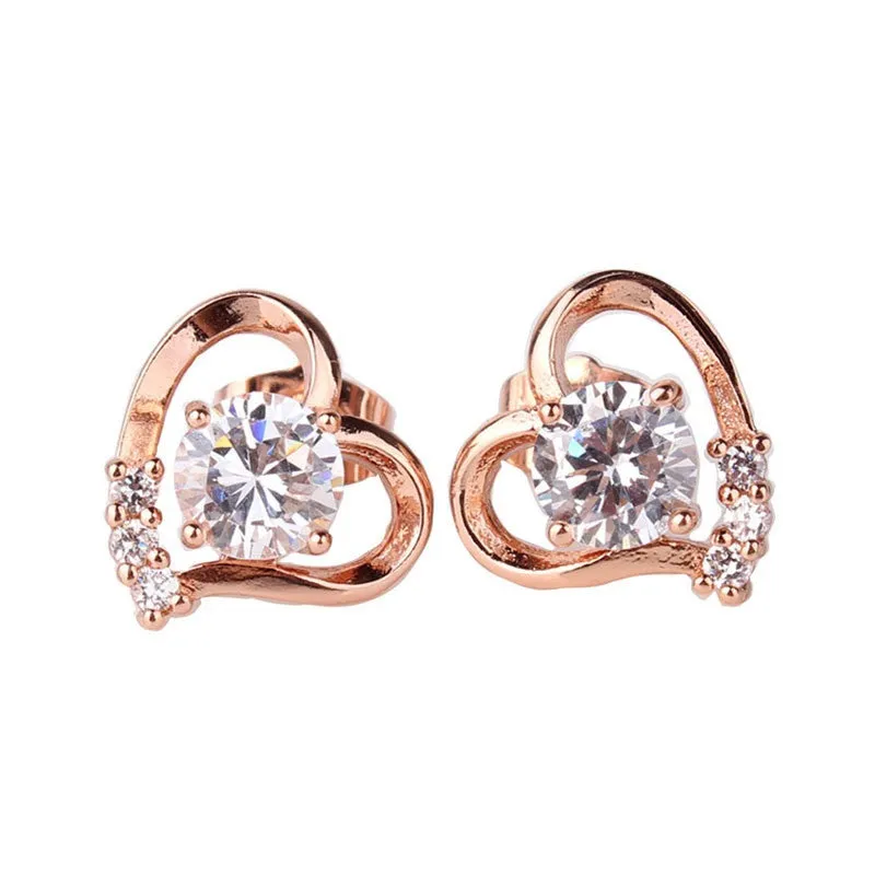 Fashion Love Heart Earrings Jewelry Rose Gold/Silver Plating Zirconia Crystal Stones Stud Earrings Female