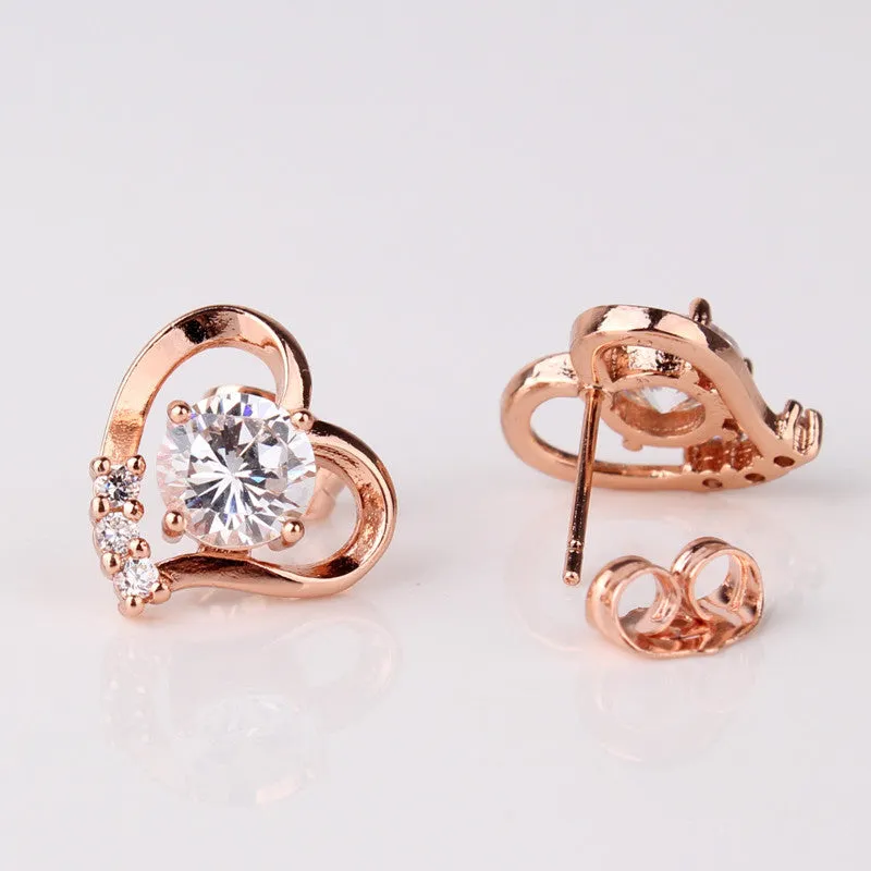 Fashion Love Heart Earrings Jewelry Rose Gold/Silver Plating Zirconia Crystal Stones Stud Earrings Female