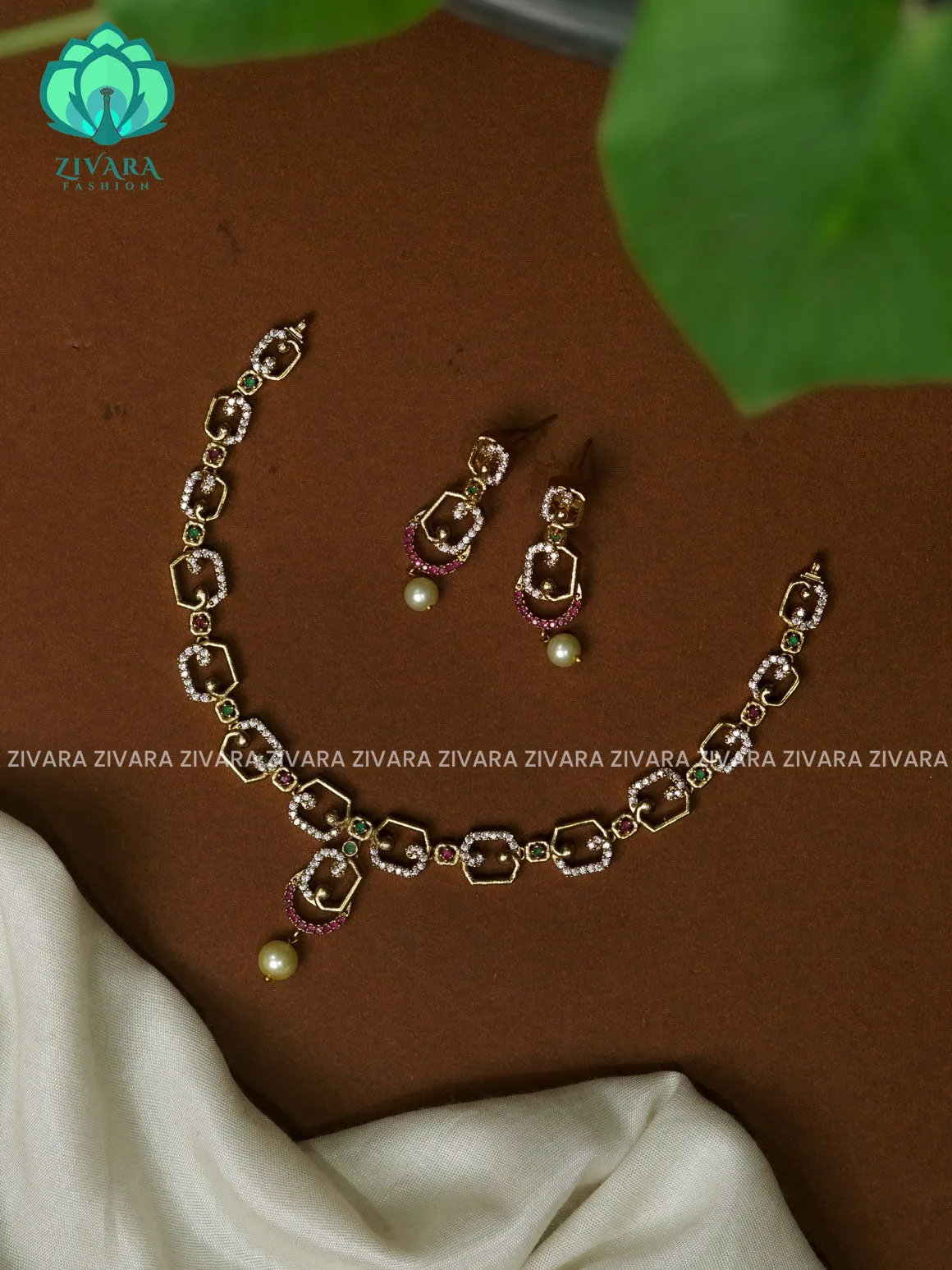 FLORAL -   STONE- SUBTLE GOLD FINISH stylish and minimal elegant neckwear with earrings- Zivara Fashion