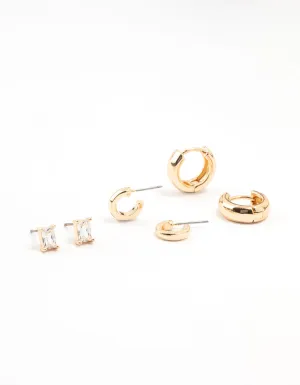 Gold Classic Cubic Zirconia Stud & Hoop Earrings 3-Pack