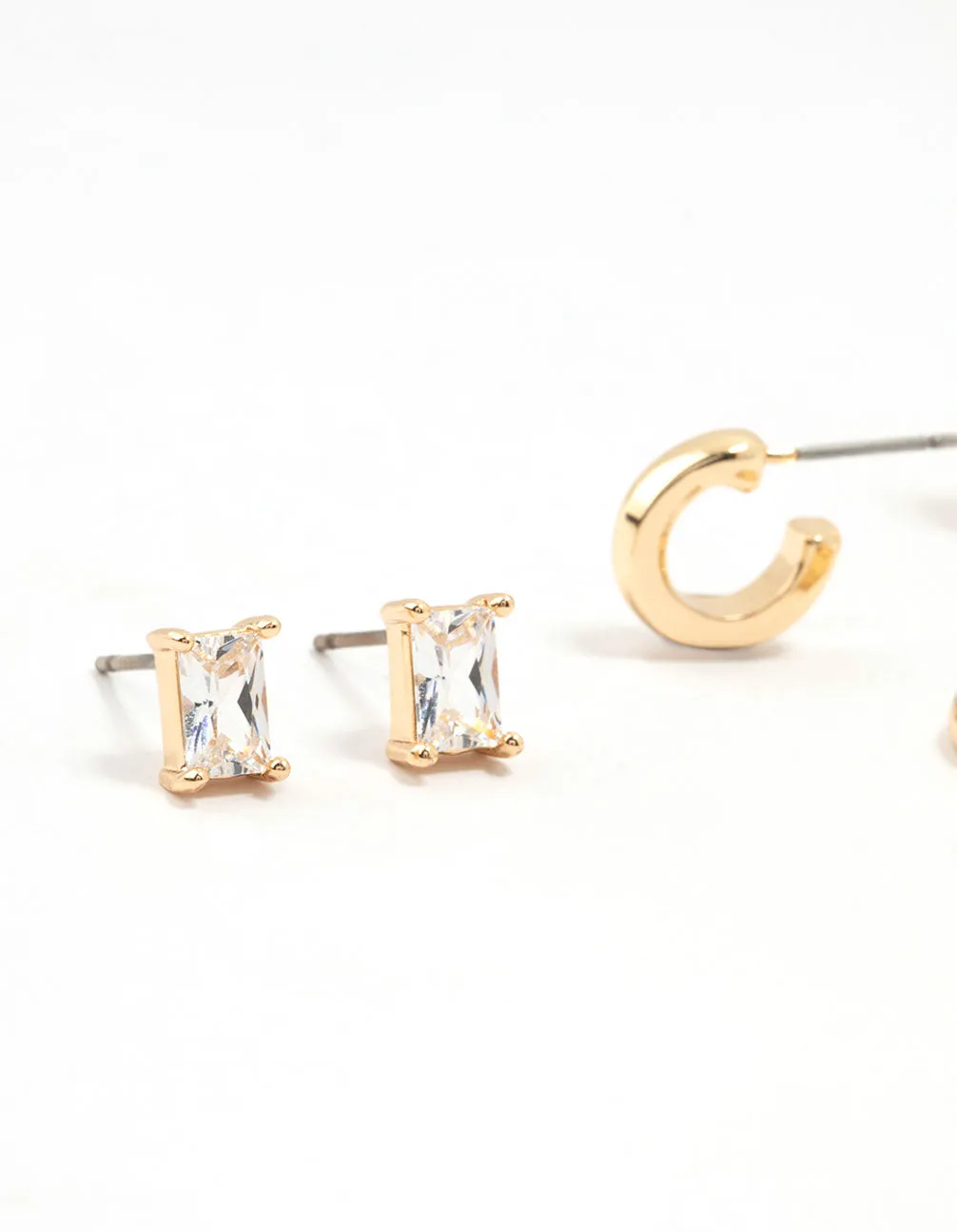 Gold Classic Cubic Zirconia Stud & Hoop Earrings 3-Pack