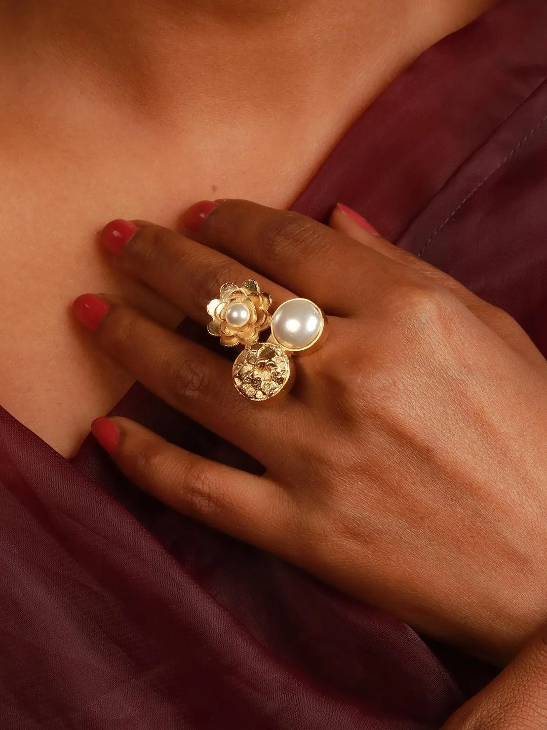 Gold Flower Petals Pearl Ring