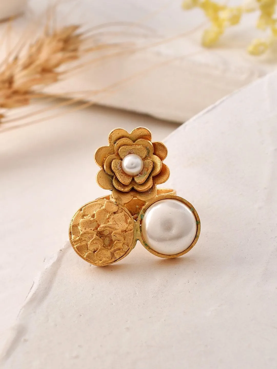 Gold Flower Petals Pearl Ring