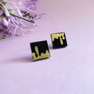 Gold Glitter Drip Square Studs