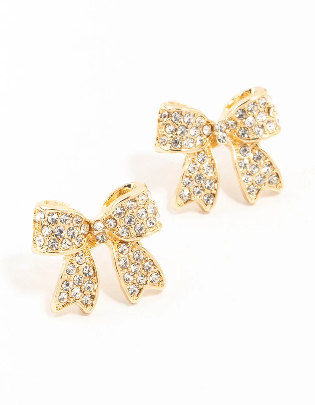 Gold Pave Diamante Bow Stud Earrings