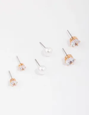 Gold Pearl & Diamante Stud Earring 3-Pack