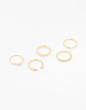 Gold Plated Dainty Diamante Rings 5-Pack