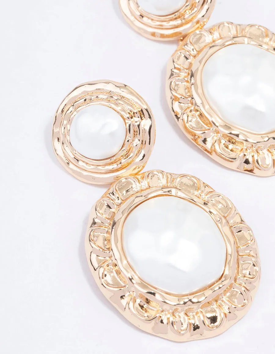 Gold Textured Double Pearl Drop Earrings