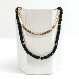 Gold Tone Herringbone Chain and Resin Beaded Layered Necklace in Black