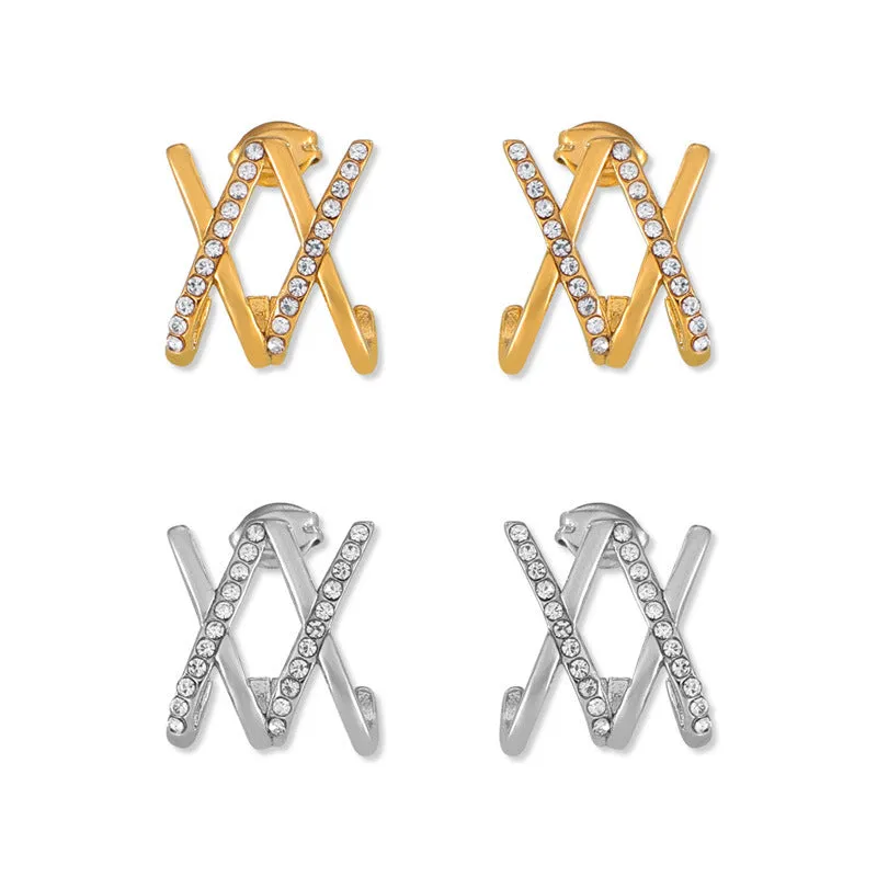 Golden Cross Titanium Stud Earrings with Zircon Embellishments