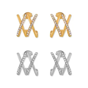 Golden Cross Titanium Stud Earrings with Zircon Embellishments