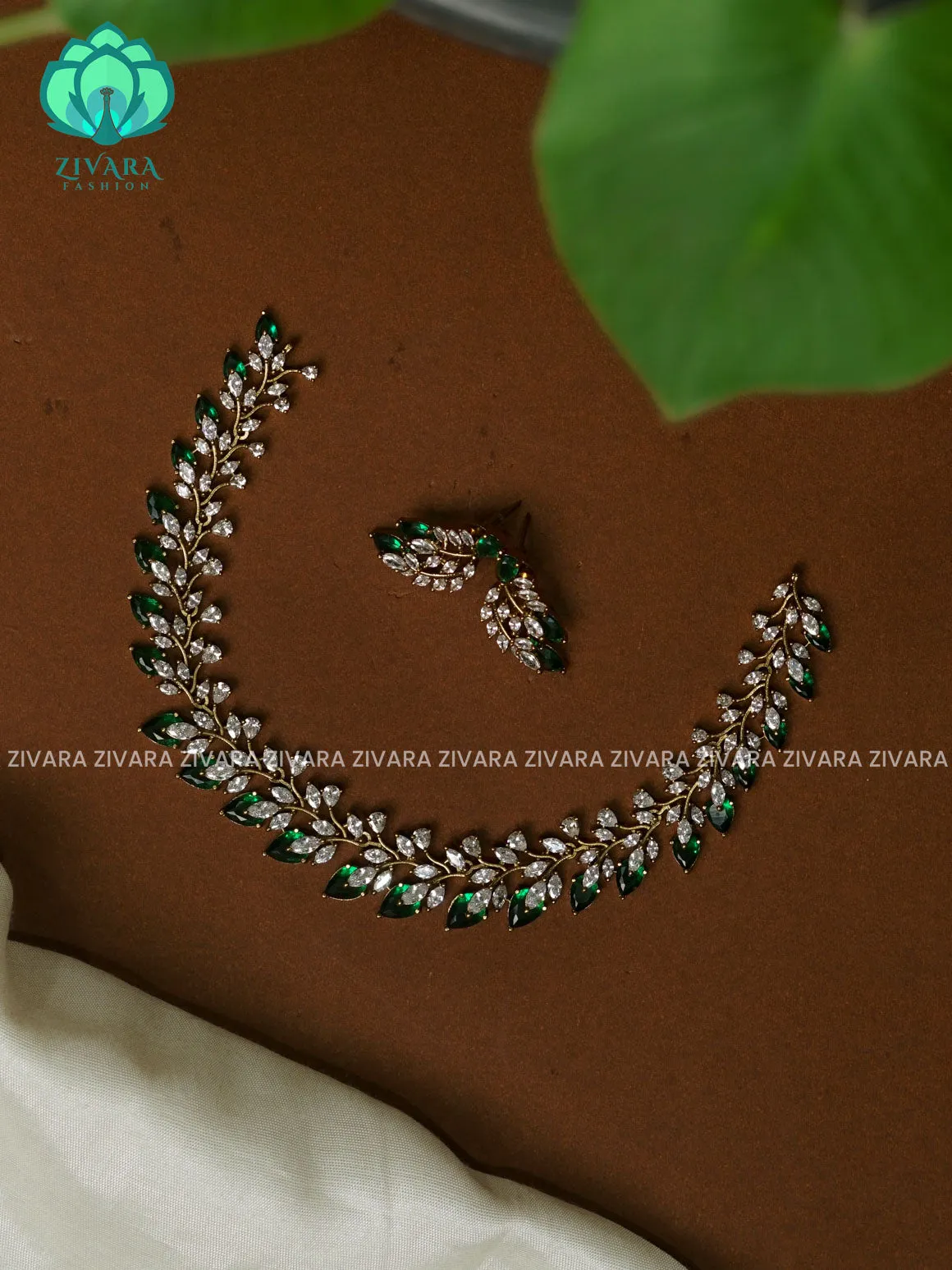 GREEN BOLD STONE LEAF  - stylish and minimal elegant neckwear with earrings- Zivara Fashion