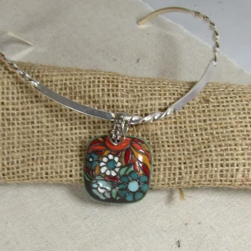 Handmade Brown & Turquoise Ceramic Pendant on Silver Neck Wire