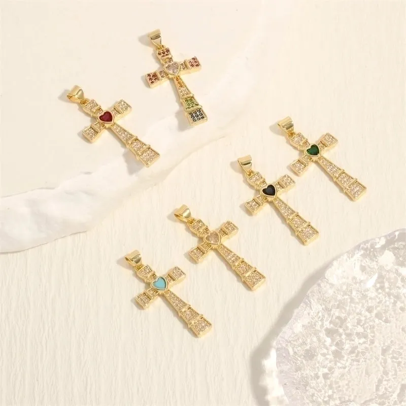 Hip-hop Simple Style Streetwear Cross Heart Shape Copper Plating Inlay Zircon 18k Gold Plated Charms