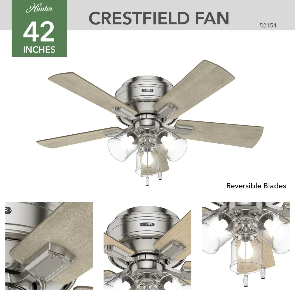 Hunter 42-Inch Crestfield Three Light Brushed Nickel Low Profile Ceiling Fan