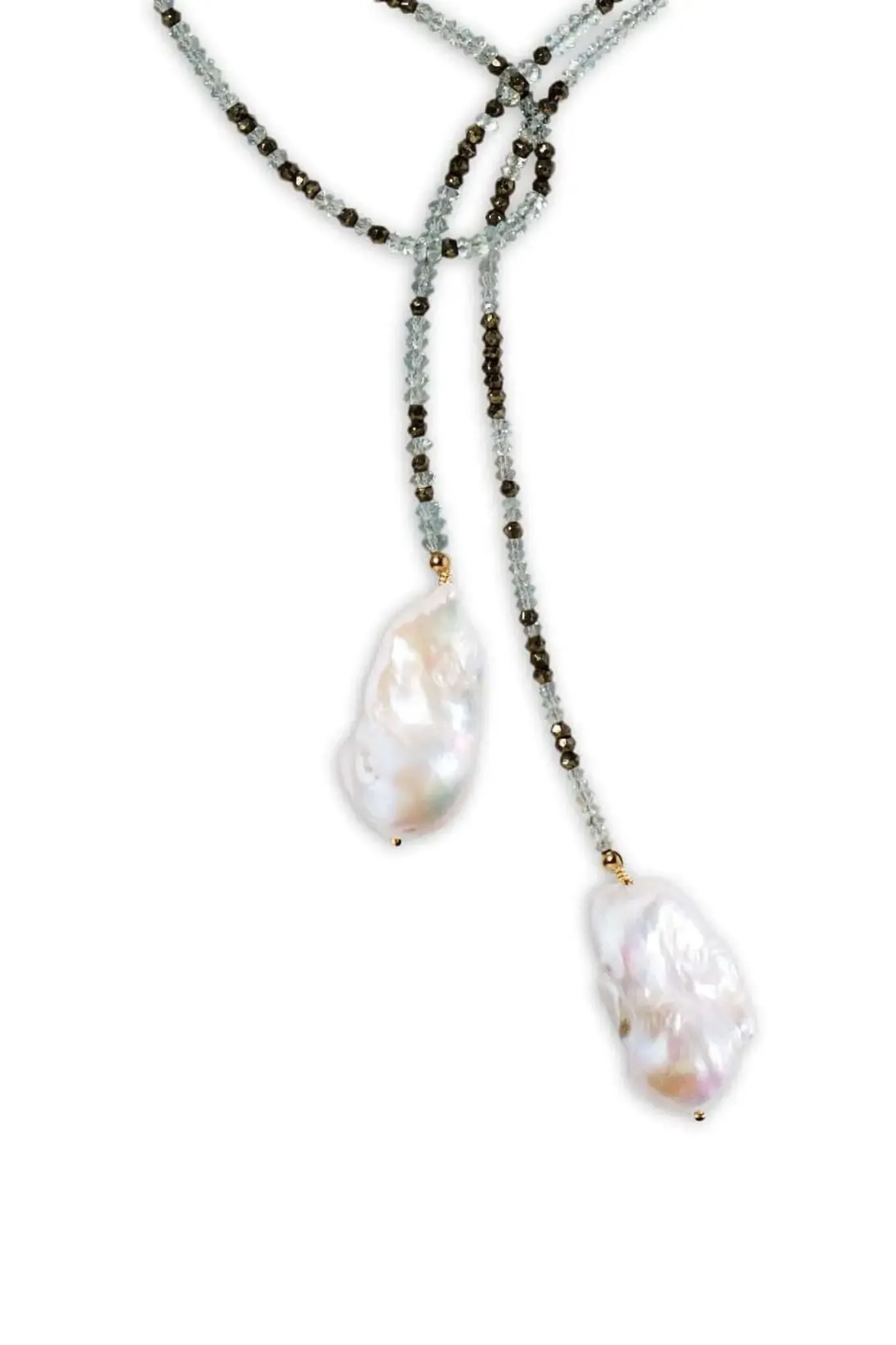 Joie DiGiovanni Classic Baroque Pearl Lariat: Aquamarine and Pyrite Ombre Classic Gemstone Lariat