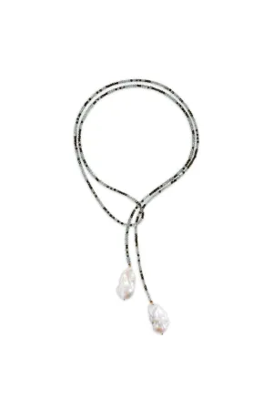 Joie DiGiovanni Classic Baroque Pearl Lariat: Aquamarine and Pyrite Ombre Classic Gemstone Lariat