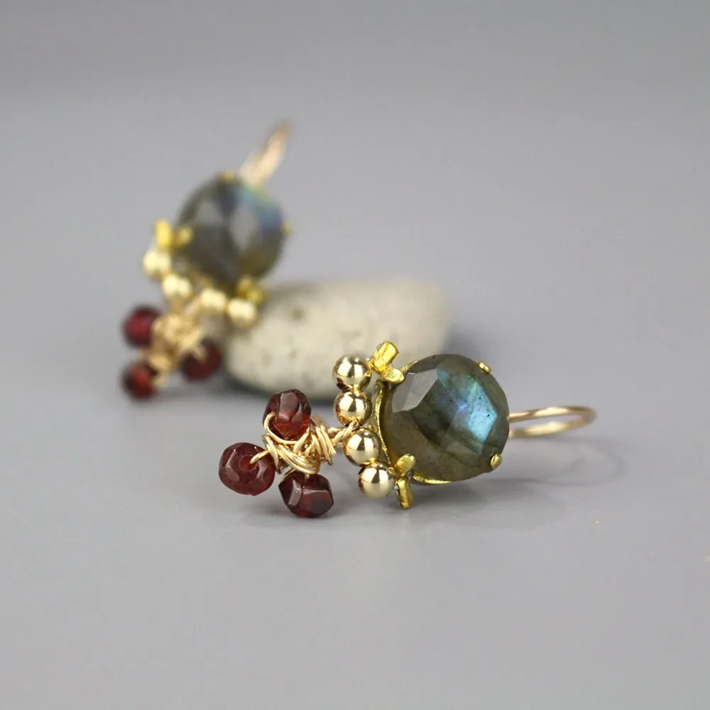 Labradorite Garnet Clover Earrings