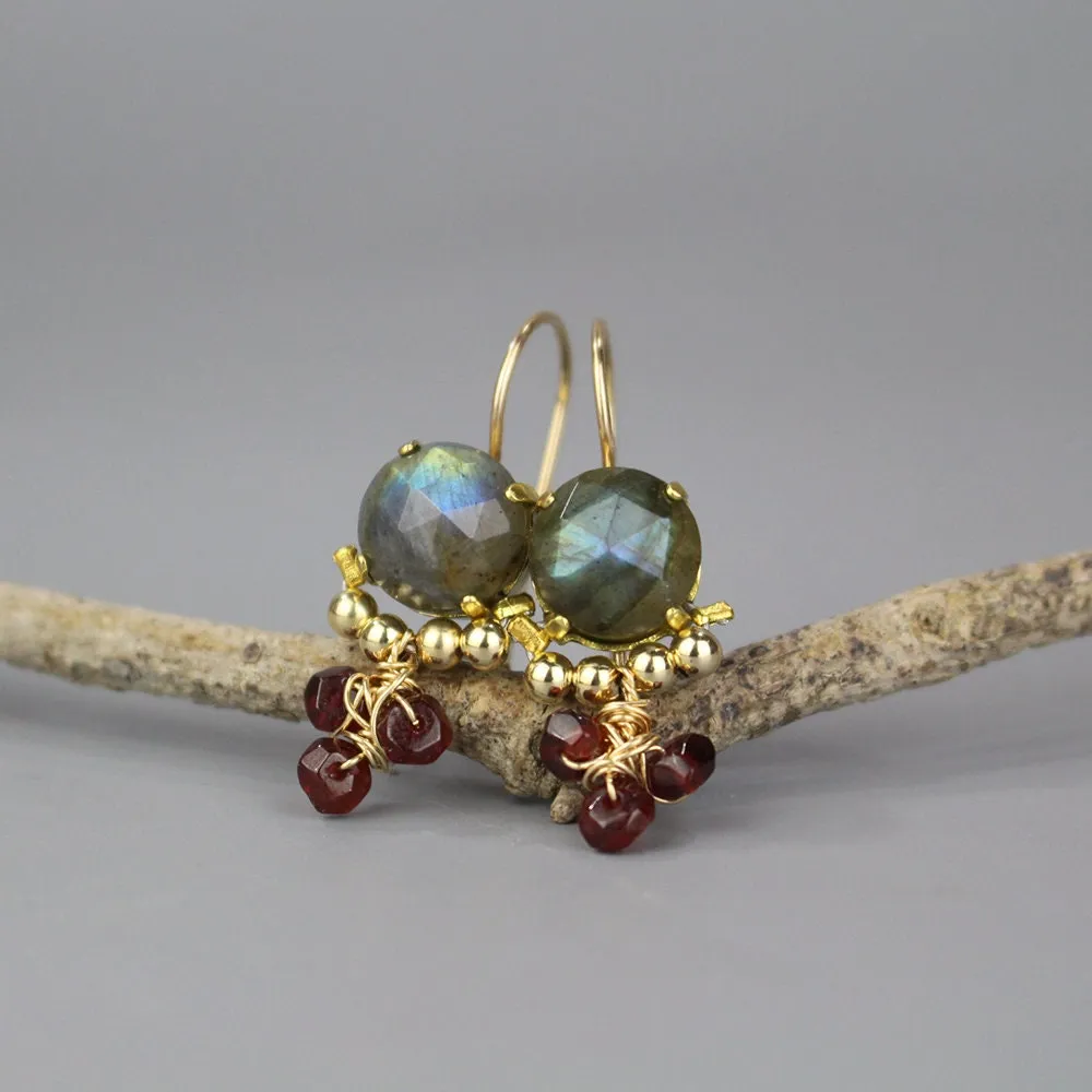 Labradorite Garnet Clover Earrings