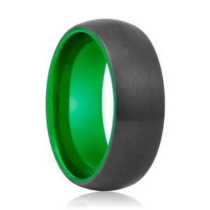 LAMBO | Green Ring, Black Tungsten Ring, Brushed, Domed