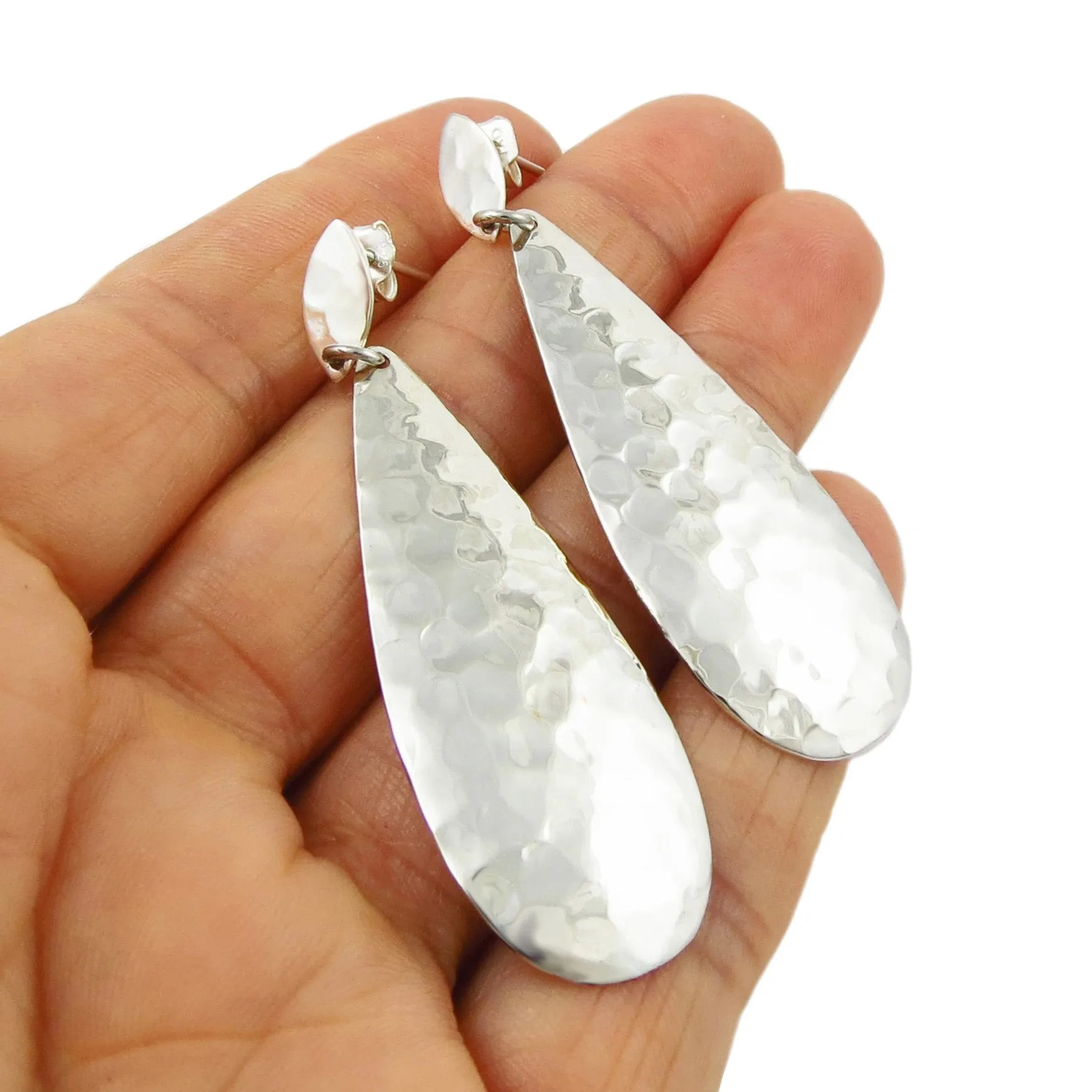 Long Textured Handmade 925 Sterling Silver Drop Earrings