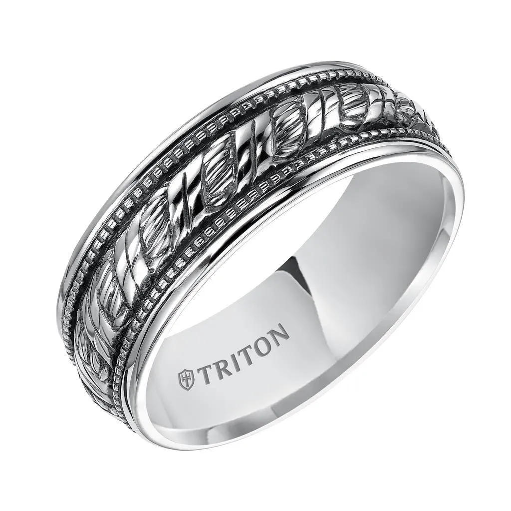 LUCA Sterling Silver Comfort Fit Wedding Band with Woven Center, Offset Milgrains, and Black Oxidation Finish by Triton Rings -8mm