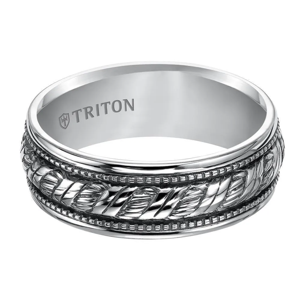 LUCA Sterling Silver Comfort Fit Wedding Band with Woven Center, Offset Milgrains, and Black Oxidation Finish by Triton Rings -8mm