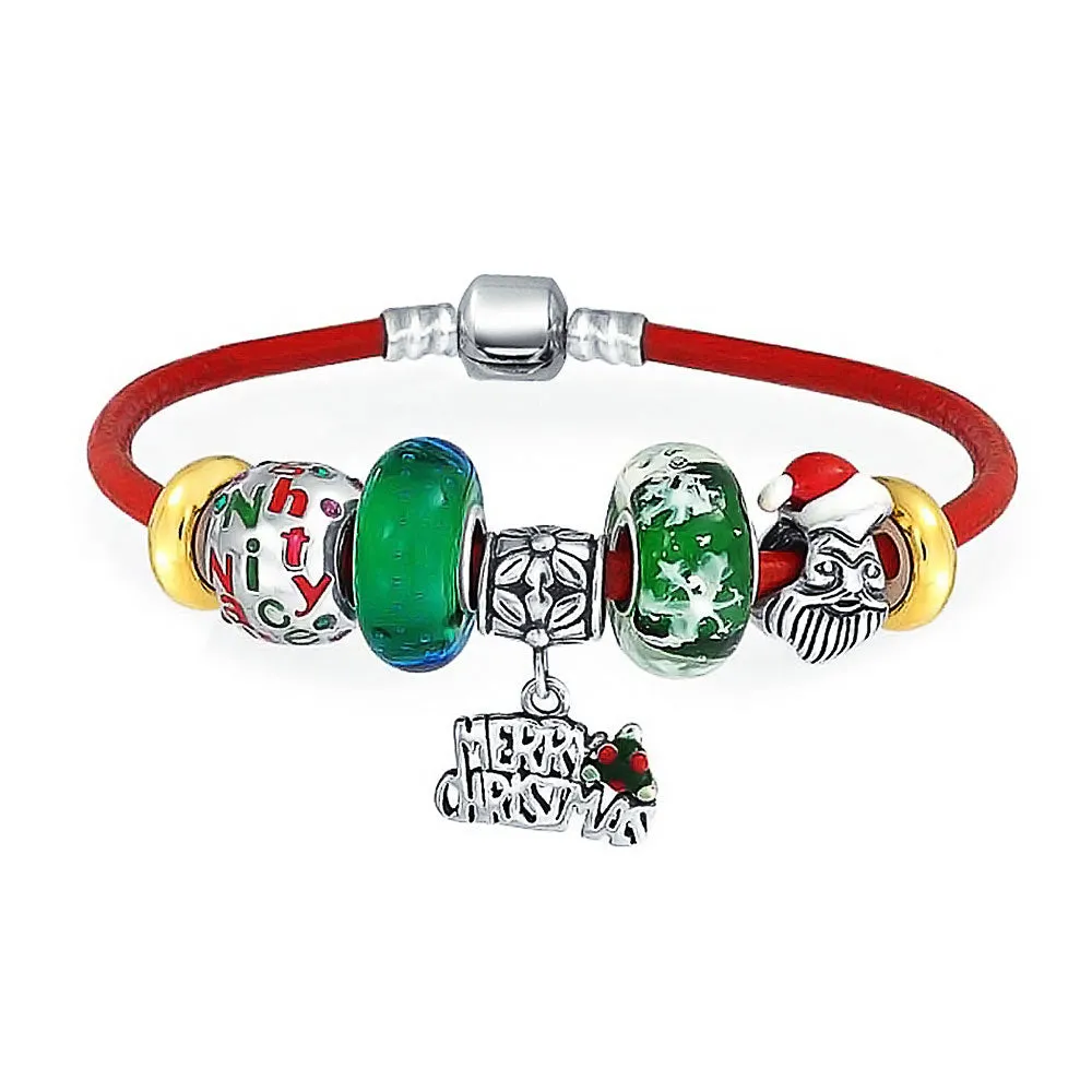 Merry Santa Clause Naughty Nice Charm Bracelet Leather Sterling Silver